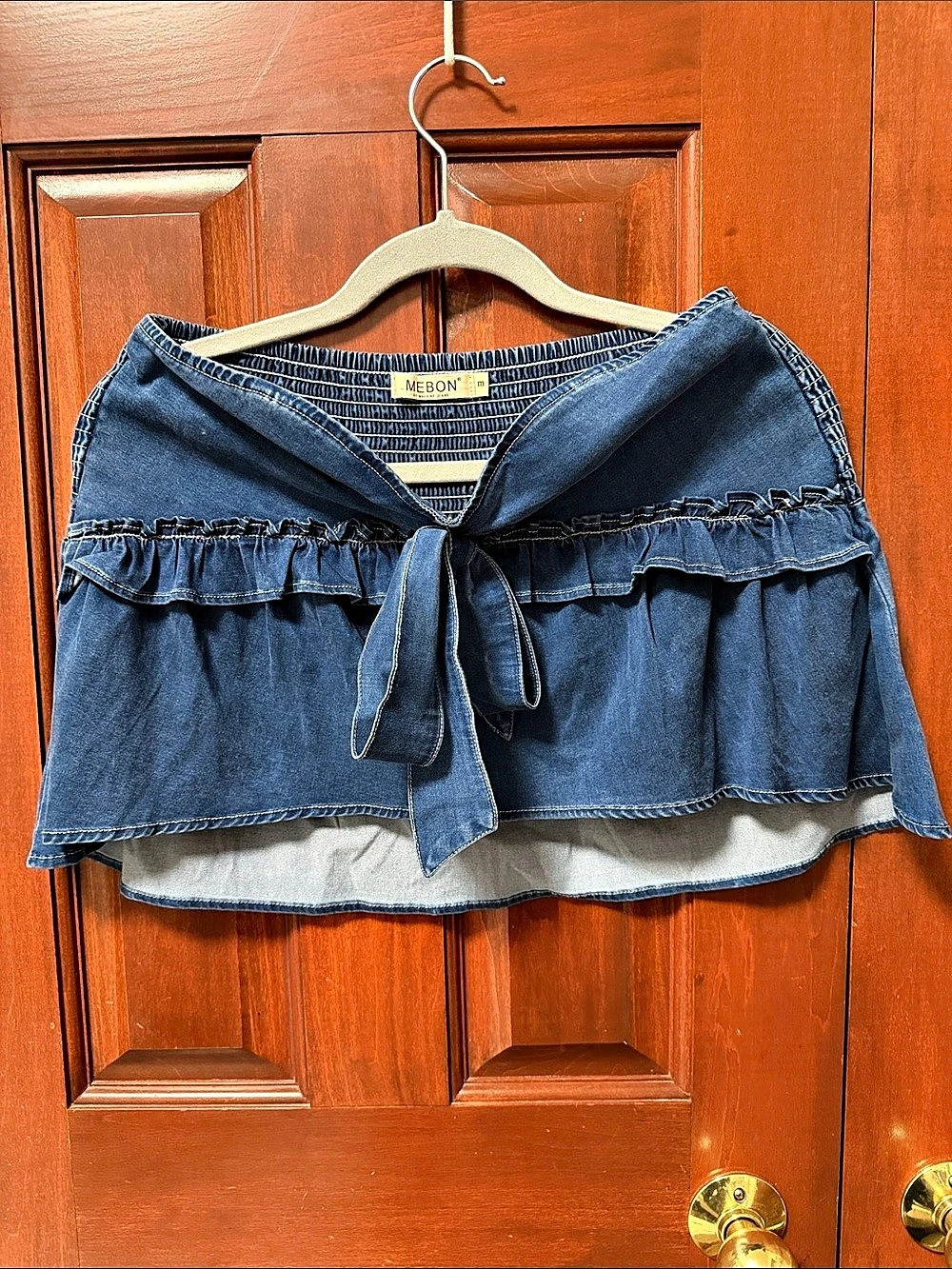 Mebon Denim-Look Tie Front cropped Top in Blue…Like New